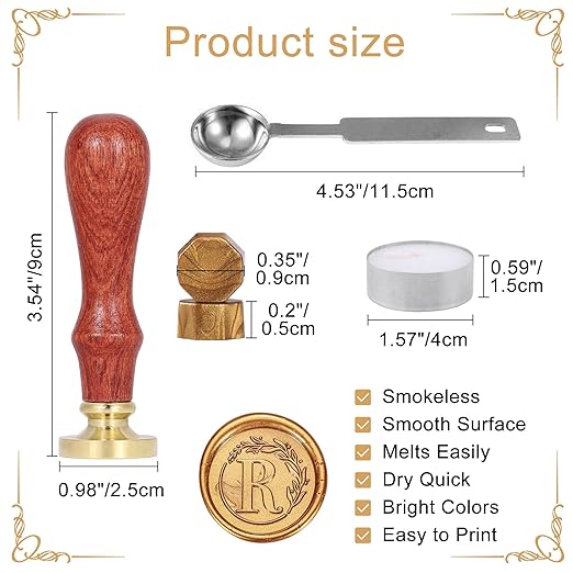 Yoption Letter Wax Seal Kit, Vintage Initial Alphabet R With Wreath Stamp and 120 Antique Gold Seal Beads