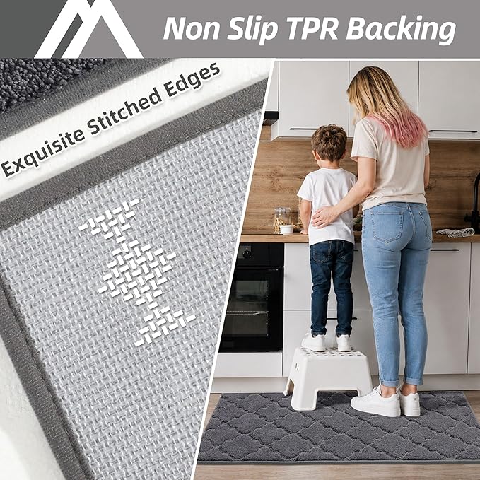 COSY HOMEER-Kitchen-Rugs 20"x48" Non-Slip Absorbent Soft Kitchen Runner Rug Polyester Kitchen Mats for Floor Washable Kitchens Standing Floor Mat for Sink Mat,Hallway,Laundry,Dark Grey