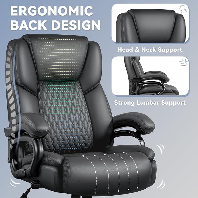 Big and Tall Office Chair 500lbs with Lumbar Support, Ergonomic Heavy Duty Black Office Chair, Leather Office Executive Chair with Quiet Rubber Wheels, Grey Office Comfortable Chair for Heavy People