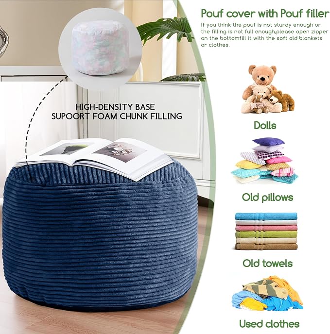 HIGOGOGO Round Stuffed Pouf Ottoman, Corduroy Poufs with Foam Chunk Filling, Furry and Fluffy Pouf Foot Stool Storage Ottoman, 20 X 15 Floor Poufs Foot Rest for Living Room, Bluestone