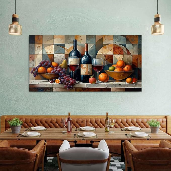 AIYISU Geometric Kitchen Wall Art Abstract Wine Canvas Prints Red Wine Glass and Fruit Pictures Rustic Farmhouse Still Life Painting Wine Bar Decor for Dining Room Restaurant Home Decorations 30x60
