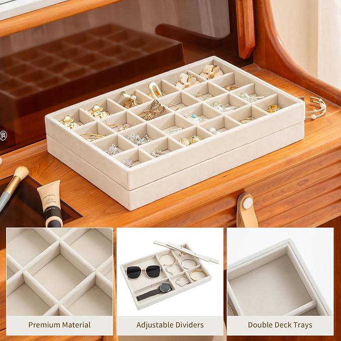 Jewelry Trays for Drawer,Set of 2 Jewelry Organizer and Storage | Velvet Material,Stackable,Adjustable Dividers,Drawer Inserts for Rings Studs Bracelet,Earring Organizer for Women Girls
