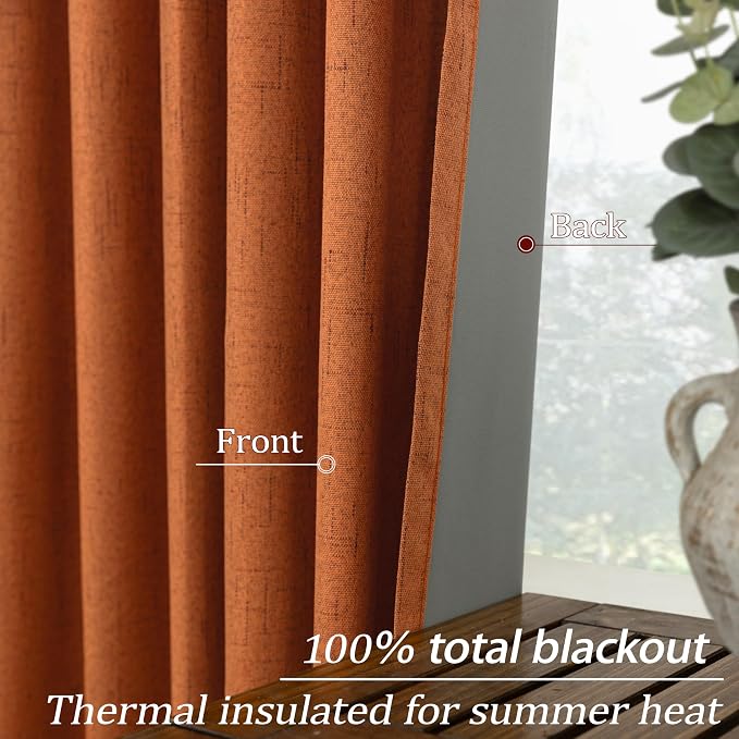 KOUFALL Bohemian Curtains for Dining Room,Burnt Orange Linen Boho Farmhouse Blackout Black Out Eclectic Living Room Curtains Drapes 96 Inches Long 2 Panel Set