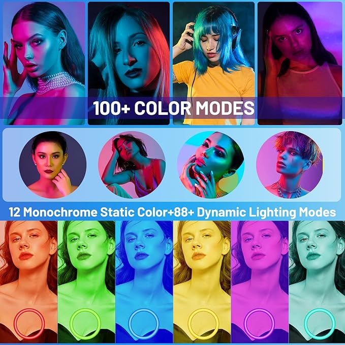 12'' Ring Light with Stand 75'' Tall & Phone Holder, 100+ Color Modes Selfie Light with Tripod Stand, Big LED Circle Lights for iPhone/Android/Camera/YouTube/Makeup/Live Stream/TikTok/Video