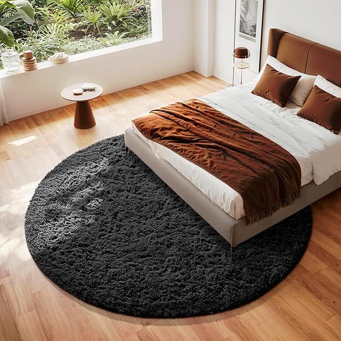 Ophanie Round Rug 8Ft Black Circle Area Rug, Room Decor for Men, Fluffy Fuzzy Bedroom Carpet, Plush Soft Shaggy Living Room Rugs for Kids Home Aesthetic, Nursery with Over 99 pcs Pile fibers