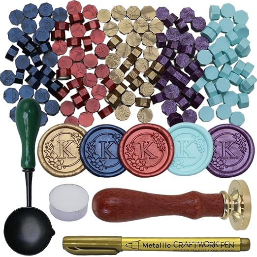 Initial Alphabet K Wax Seal Stamp Set, Retro Letter Sealing Stamp with 150Pcs Sealing Wax Beads in 5 Color, Melt Non Slip Spoon Pen Kit for Wedding and Christmas (K)
