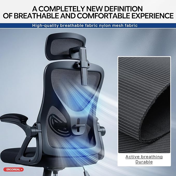 Ergonomic Office Chair–Mesh Computer Chair with Adjustable Lumbar Support, 2D Headrest, Foldable Armrests & Class 3 Gas Lift–Comfortable Home Office Desk Chair for Long Sitting, 400 lbsBlack