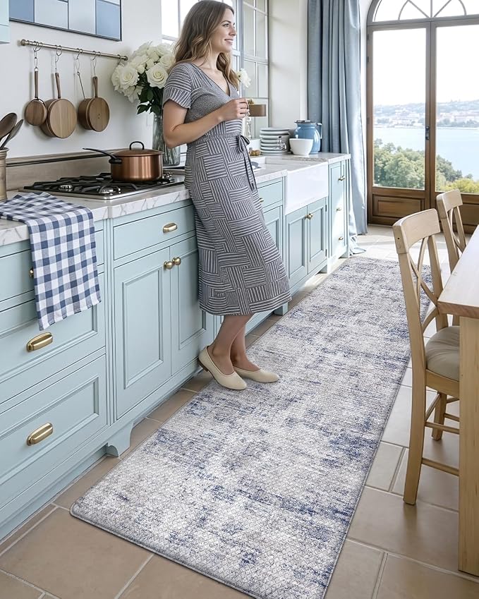 DEXI Kitchen Floor Mats Cushioned Anti Fatigue Runner Rug 23x107 Blue | Wide Standing Comfort, Waterproof Oil-proof, Memory Foam Padded for Front Sink Laundry