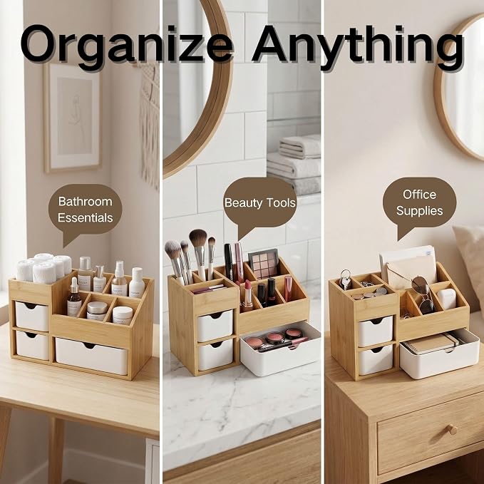 Bamboo Makeup Organizer with 3 Drawers & Adjustable Dividers, Desk Cosmetic Storage Box, Vanity Countertop Organizer for Bathroom, Office, Bedroom, Natural Bamboo Color (11.5x5.4in)