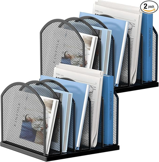 5-Section Vertical Desktop Organizer, 5-Section Mesh File Folder Stand Sorter for Office Home Classroom Organization (2, Black)