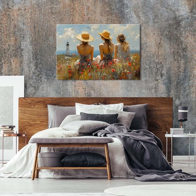 Abstract Poppy Floral Canvas Wall Art Coastal Autumn Landscape Painting Artwork Bedroom Bathroom Ocean Lighthouse Canvas Prints Girl Picture Retro Wall Decor for Gallery Living Room Decorations 32x48"