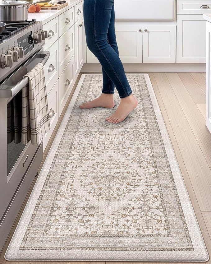 DEXI Kitchen Floor Mats Cushioned Anti Fatigue, 23x86 Long Wide Standing Comfort Runner Rug, Waterproof Rubber Memory Foam Padded for Front Sink Laundry, Beige and White