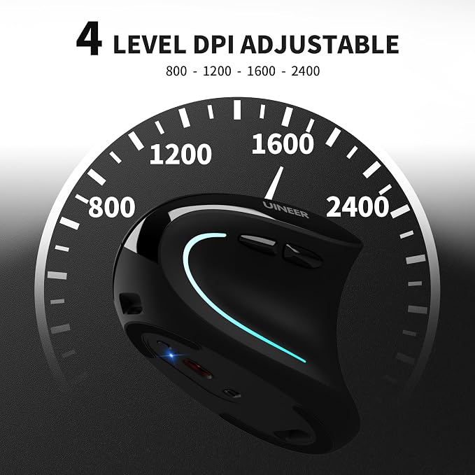 Uineer Ergonomic Wireless Vertical Mouse, Tri-Mode Bluetooth 5.0/4.0 and 2.4G USB, Rechargeable Silent Computer Mouse for Laptop, MacBook, iPad and PC, 4 DPI Levels, LED Light, 3-Device Switching