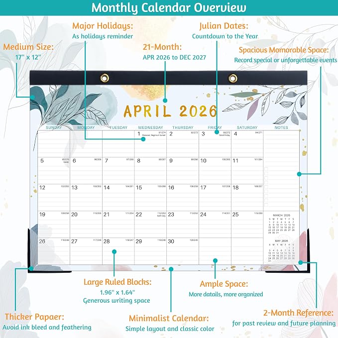 Desk Calendar 2026-2027 – Run Now to Dec 2027, 21 Monthly Desk Calendar, 2026-2027 Large Desk Calendar, 17'' x 12'', Best Desk/Wall Calendar with Ruled Blocks, Notes, Desk Pad, 2 Corner Protectors
