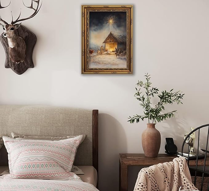 Vintage Nativity Scene Gold Framed Wall Art Birth of Jesus Christmas Christian Painting Canvas Prints Mary Joseph Holy Family Picture Star of Bethlehem Poster Artwork for Church Prayer Room, 16x24in