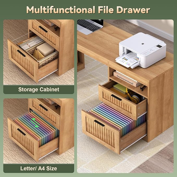 YOMILUVE 66 inch Fluted L Shaped Standing Desk with Storage for Home Office | Corner Electric Standing Desk with Drawers ＆ Storage Shelves, Height Adjustable Computer Desk with Power Outlets, Oak