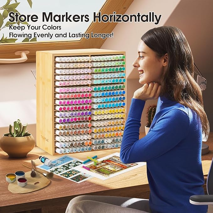 Marker Organizer for 288 Markers,Bamboo Wooden Desk Storage Organizer Rack,Markers Pens Pencils Art Brushes Storage Holder for Home Classroom Office Decor