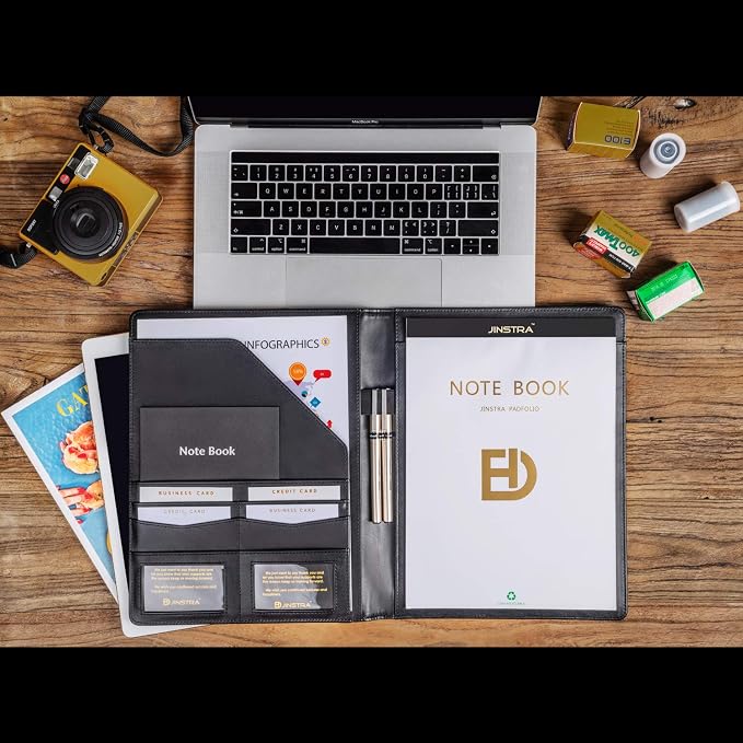 Padfolio Portfolio Leather Folder by Jinstra Professional Business PU Leather Notepad Holder for Resumes, Interview Writing Pad Folders, Legal Pad Portfolios with 20 Pages Notebook for Women/Men
