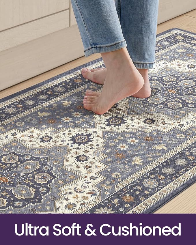 DEXI Kitchen Floor Mats Anti Fatigue, 23x107 Large Long Cushioned Vintage Runner Rug Waterproof, Standing Comfort Memory Foam Padded for Front Sink Laundry Office, Dark Grey