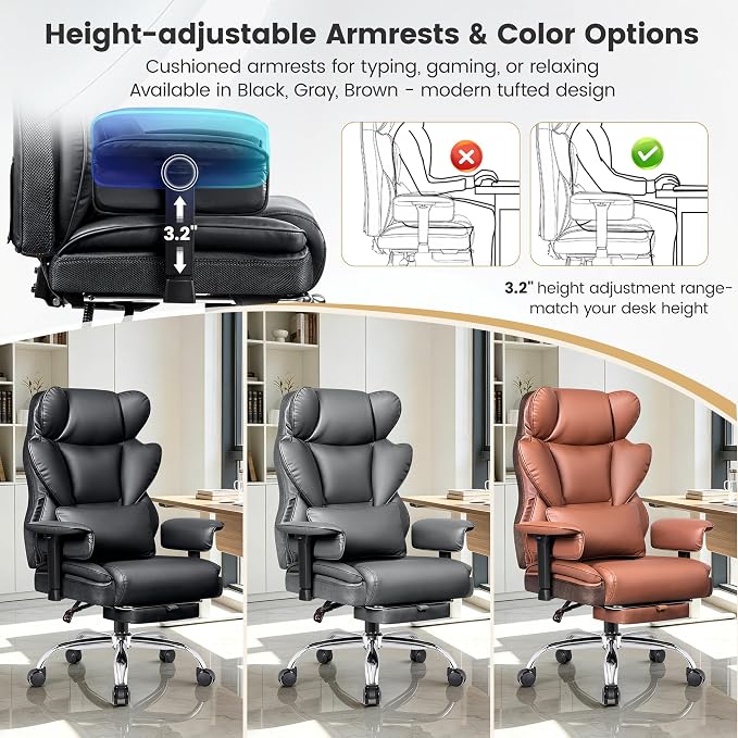 Big & Tall Office Chair, Ergonomic High Back Executive Desk Seat | 400 LBS Heavy Duty Steel Frame for Heavy Users, 23.6" Wide Seat, Padded Armrests, 165° Reclining, Black PU Leather, 2 Pack
