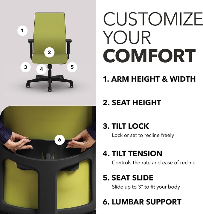 HON Ignition 2.0 Mid‑Back Ergonomic Office Chair, Mesh Task Desk Chair with Lumbar Support, Standard Synchro‑Tilt, Height and Width Adjustable Arms, Black Frame, Pear