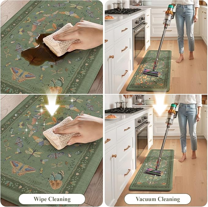 KIMODE Kitchen Mats for Floor Cushioned Anti Fatigue Kitchen Rugs Sets of 2 | 17 x29+17"x47", Sage Green,Vintage Butterfly,Non Slip Waterproof,Memory Foam,Standing Mats,for Laundry Sink Office Home Decor