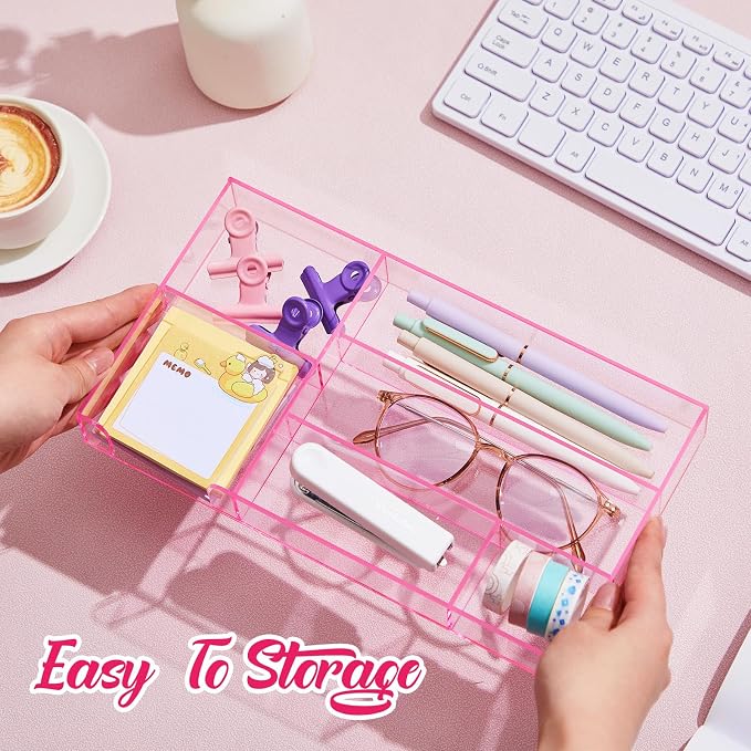 Briwooody Pink Acrylic Drawer Organizer,6 Compartments,Small | 11 x 6.1 x 1.38 Inch Desk Storage Tray Organizer for Pen, Stationery, Desktop, Office, Bathroom, Kitchen, Makeup Supplies