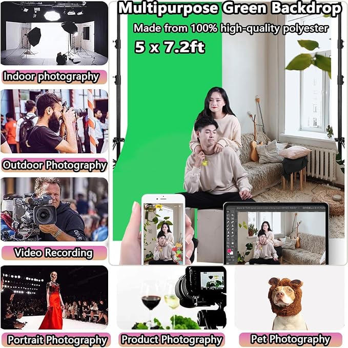 5x7.2ft Greenscreen Background, Premium Collapsible Small Green Screen Backdrop Cloth Pantalla Verde Fabric Portable Content Creator Background Screen for Streaming Studio Video Photo Booth Photoshoot