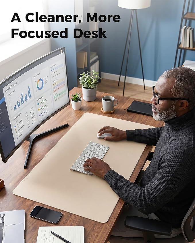 Aothia Dual-Sided Desk Mat - Natural Cork & Leather Desk Protector, Large Mouse Pad, Waterproof Blotter, Writing Pad for Office/Home, Beige (25.6"x13.7")