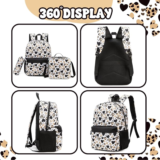 Girls Backpack for School Backpack for Girls 8-10 Kids Backpacks with Lunch Box Leopard Print Schoolbag for Kids