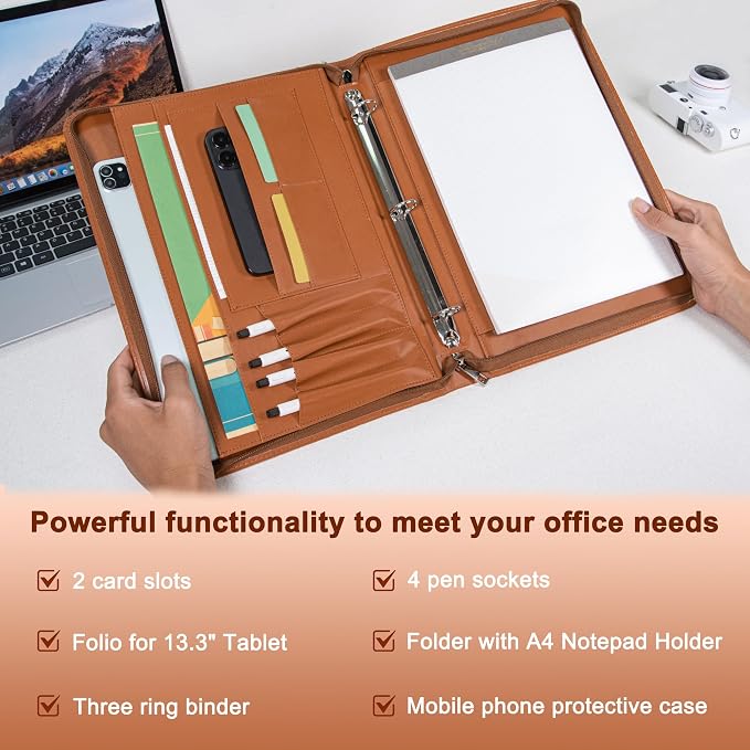 AZXCG Zipper Portfolio Padfolio Binder,3 Ring Padfolio for Women and Men,Business Portfolio Organizer for Women with A4 Writing Pad Holder,Business Portfolio for Meeting,Gift for Father's Day