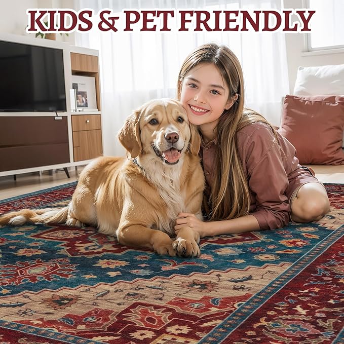 Tangsoo Oriental 6x9 Washable Area Rugs for Living Room, Vintage Indoor Non Slip Large Area Rugs, Print Distressed Carpet, Soft Boho Low Pile Rug Foldable Floor Red Rug for Bedroom Dining Room