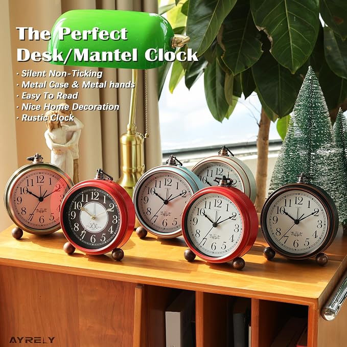 AYRELY® 5.3" Vintage Metal Analog Alarm Clock, Retro Desk and Table Clock | Antique Battery Operated Clock with Light, Elegant Bedside Gift for Bedrooms, Living Rooms, Shellf and Home Decor (Gold)