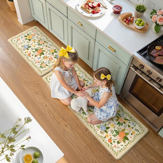 KIMODE Kitchen Mats for Floor Anti Fatigue,Beige Boho Kitchen Rugs Non Slip | Padded Kitchen Floor Mats, Memory Foam Kitchen Mats Cushioned, Standing Desk Mat for Laundry Office Bath Sink 17"x47"+17"x29"