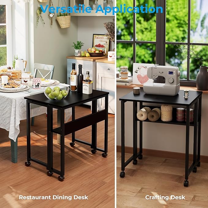 GreenForest Folding Desk Small Rolling Desk with Storage Shelf,31.5 inch Foldable Computer Desk with Wheels for Small Space, Easy Assembly,Black