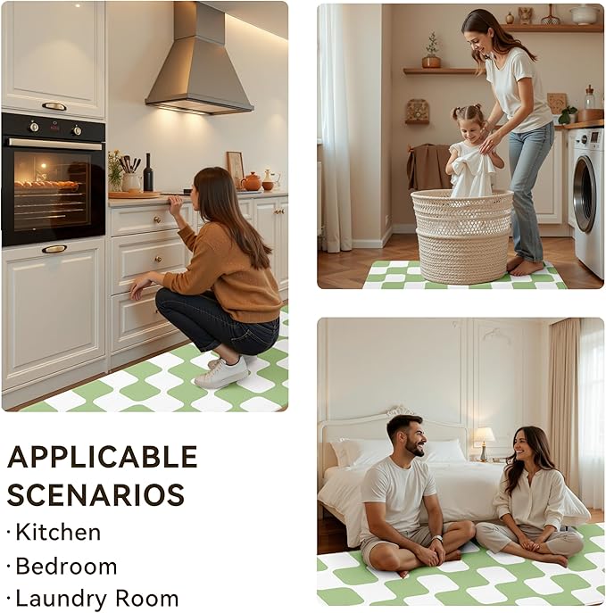 Fresh Green Retro Curvy Checkered Grid Checkerboard Kitchen Rug Sets [2 PCs], Anti-Fatigue, Waterproof Non-Slip Kitchen Mats Heavy Duty Comfort Foam Rug for Floor, Home, Laundry,17"x29"+17"x47"