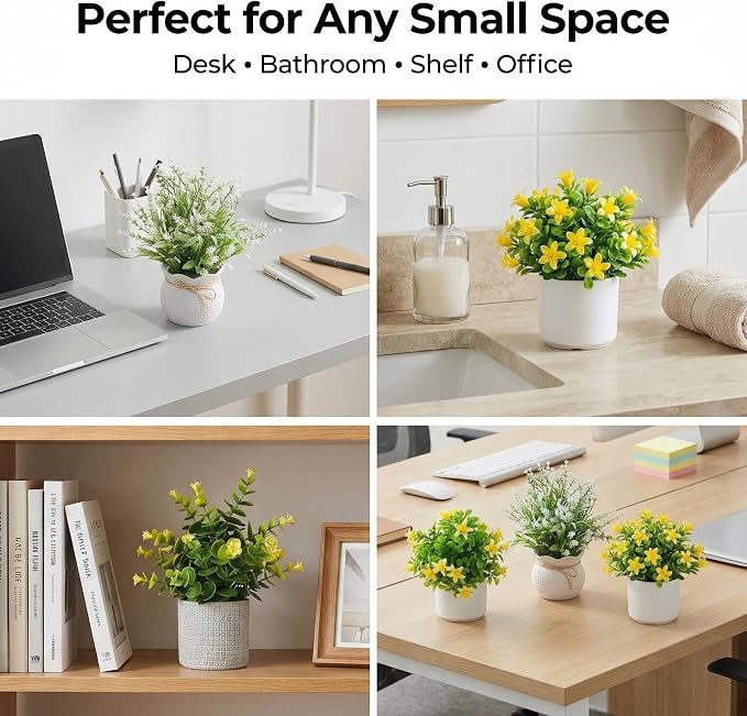 AUUGUU Small Artificial Potted Plants for Desk Decor, Mini Fake Plants for Bathroom, Office Desk Decor, Shelf Home Decor, Realistic Faux Greenery Indoor
