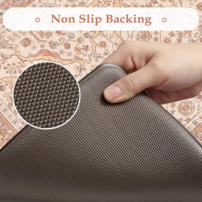 KIMODE Anti Fatigue Kitchen Mats for Floor, Boho Vintage Kitchen Rugs Sets of 2, Kitchen Floor Mats Cushioned Non Slip, Khaki Memory Foam Standing Mats for Laundry Office Sink Desk 17"x47"+17"x29"