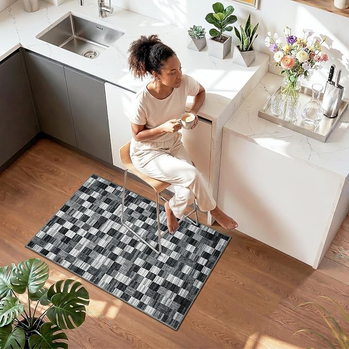 Terrug Black and White Checkered Rug for Entryway, 2x3 Small Area Rugs Washable with Non Slip for Kitchen, Soft Low Pile Abstract Carpet for Home Office Front Door Porch