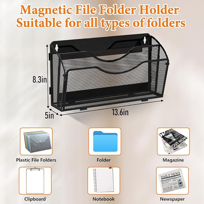 Magnetic File Holder 2 Tier Magnetic File Folder Organizer Folding, Office Hanging Magazine Rack for File Cabinets, Magnetic Paper Holder, No Drilling Mail Organizer for Refrigerator, Office