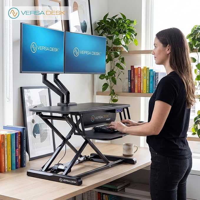 VERSADESK EvoLift 40" Electric Standing Desk Converter, Sit to Stand Motorized Desk Riser, 1-Button Easy Lift, Dual Monitor Workstation, Wide Keyboard Tray, Built-in Device Stand, Black