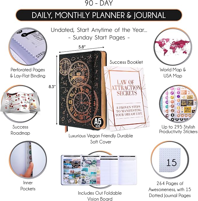 90-Day Goal Planner with Daily Journal, Gratitude & Habit Tracker | Daily Planner, Productivity, Time blocking, Manifestation & Affirmations with Vision Board, Gratitude Journal for Women & Men