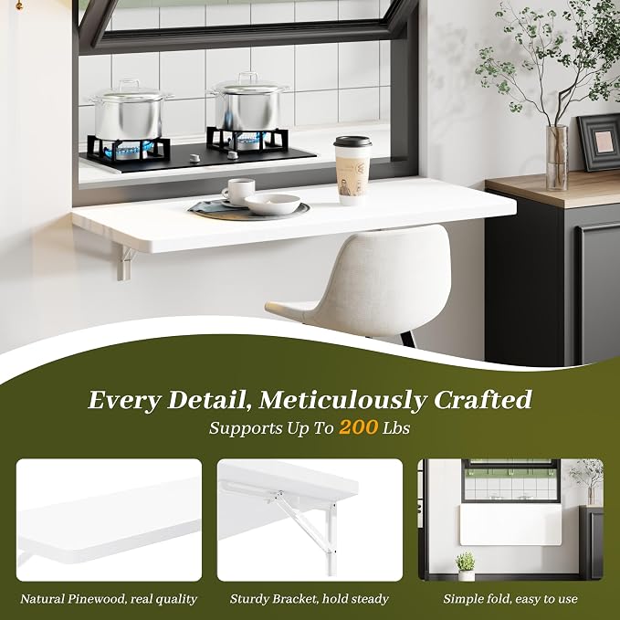 Dogsky Floating Wall Desk, 36" x 14" Wall Mounted Folding Table, Pine Wood Fold Down Wall Table, 200 lb Capacity Wall Mount Desk for Small Apartment, Laundry Room,Kitchen,Bar & Computer Use, White
