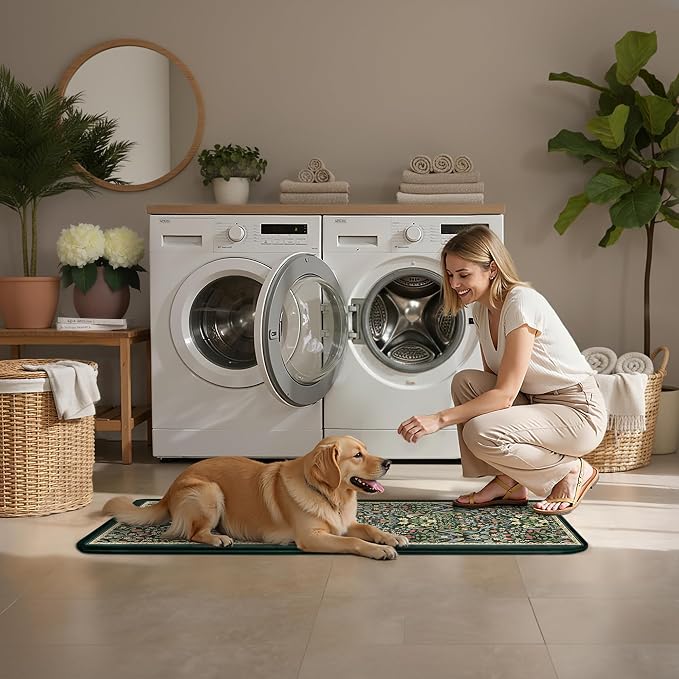 PureCozy Kitchen Mats for Floor 2PCS Anti Fatigue Cushioned Mat Non Slip Comfort Kitchen Rugs Vintage Floral Waterproof Standing Dark Green Mat for Sink Laundry Office Desk 17.3"x59"+17.3"x30"
