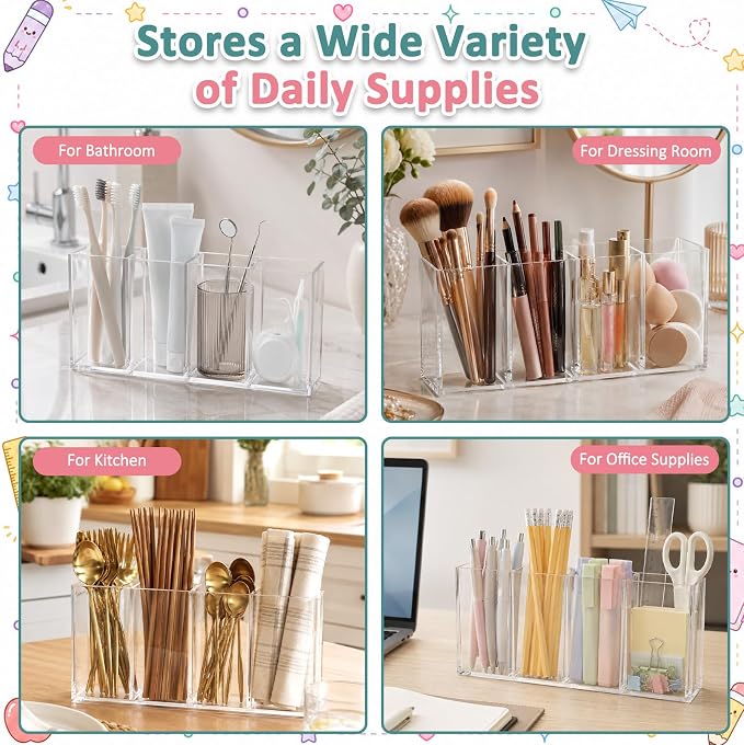 Mototo 3PCS Acrylic Pen Holder Back to School 4 Compartments Pen Organizer | Clear Pencil Cup Desktop Caddy Makeup Brush Storage Solution for Cosmetic Office Bathroom Kitchen Home Coffee Bar Container