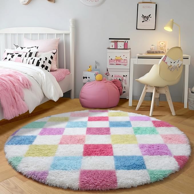 KICMOR Pink Rainbow Round Rugs 5ft for Bedroom Living Room, Cute Fluffy Soft Circle Area Rug Fuzzy Shag Shaggy Carpet, Circular Checkered Rug for Kids Girls Boys Dorm Nursery Home Decor Aesthetic