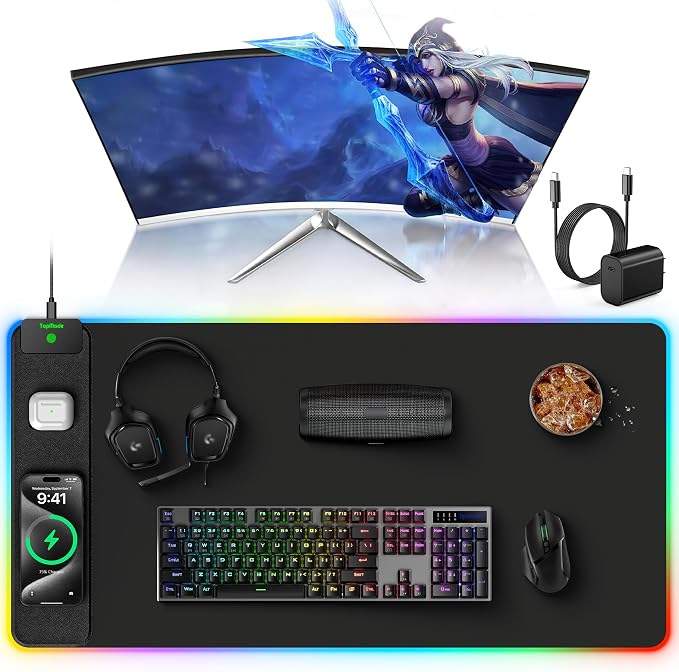 TopMade Wireless Charging Mouse Pad, RGB Gaming Mousepad Home Office Desk Pad, 31.5” x 15.8” XXL Large Desk Mat, Waterproof Keyboard Pad, Black (Includes 20W PD Power Adapter & 6.56ft Woven Cable)