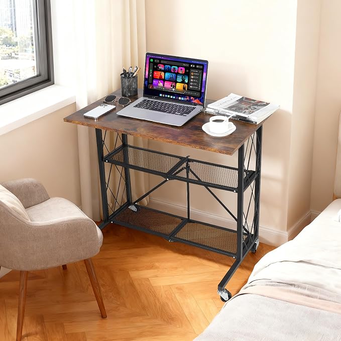 GarveeLife 31.5 inch 3Tier Foldable Desk with Wheels, Large Capacity Shelving Unit, Freestanding Metal Wire Shelf Rack, No Assembly Organizer Rack for Study Room,Kitchen,Living Room,Balcony