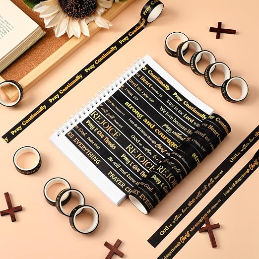24 Rolls Back to School Christian Washi Tape for Men Bulk Vbs Religious Scripture Gold Foil Black Bible Verse Washi Tape for Bible Journaling Crafting Students Father's Day Bulk Gifts
