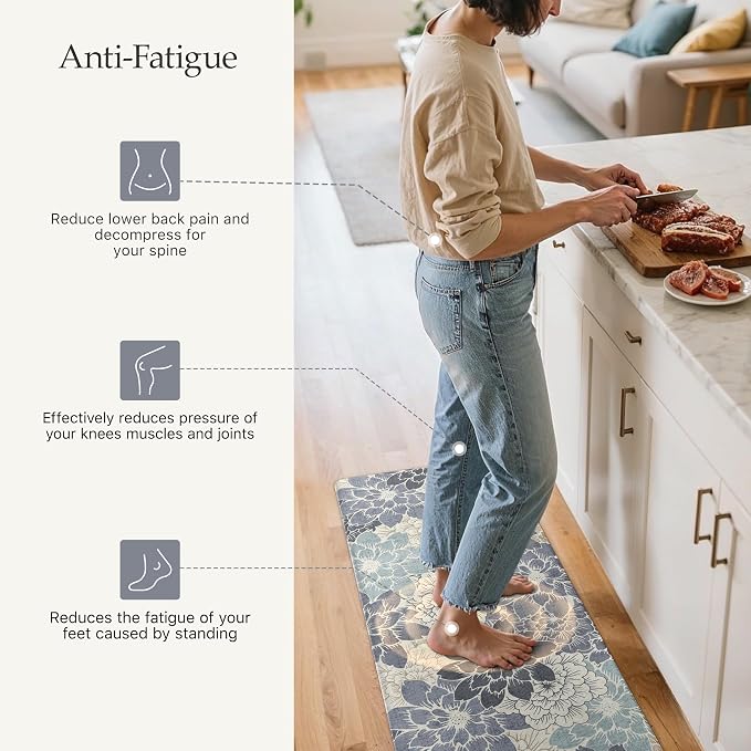 GENIMO Anti Fatigue Kitchen Mats for Floor 2PCS, Cushioned Standing Mats | 17.3"x47"&17.3"x30", Navy Blue vintage floral rug set, waterproof, non slip, easy-clean for farmhouse